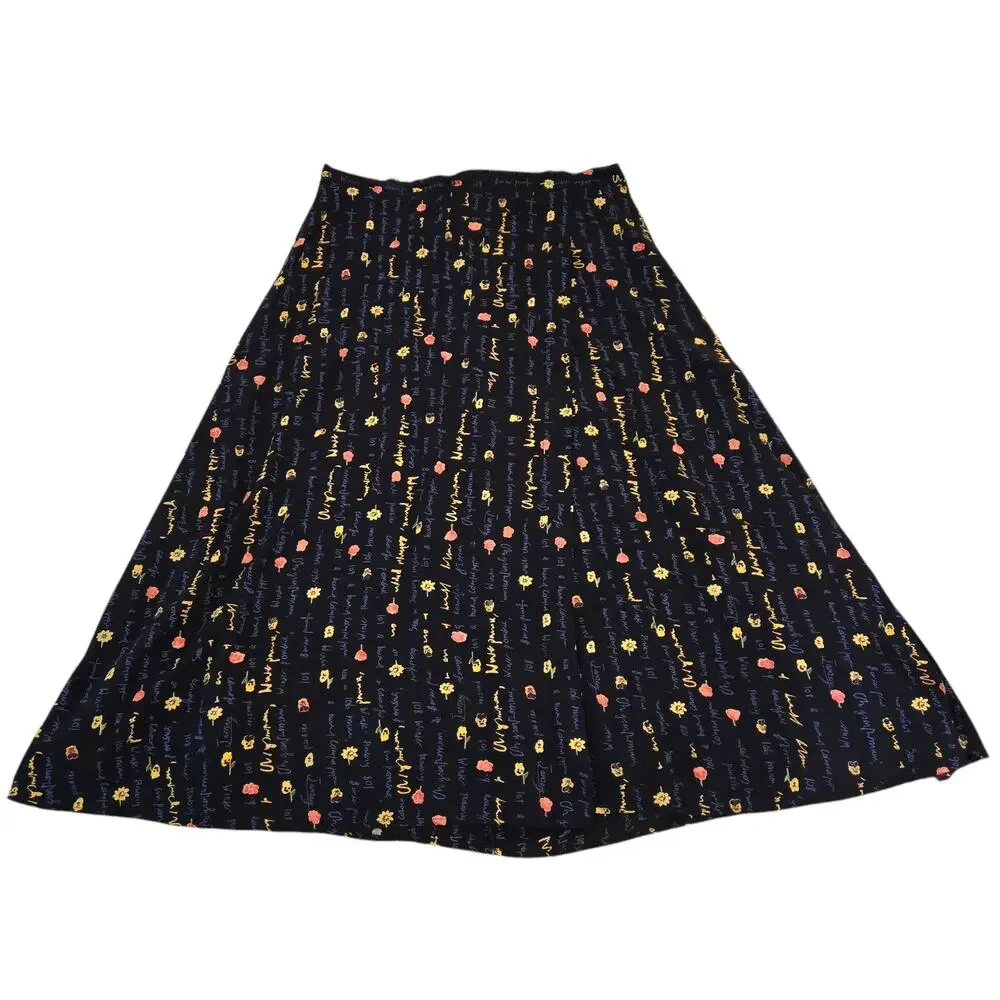 Vintage Floral Midi Faux Wrap Skirt 20 Script Poet Core Librarian Teacher Artsy